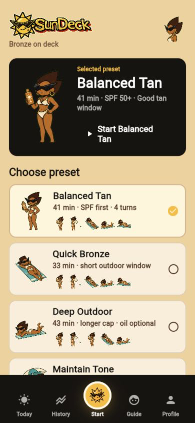 SunDeck preset selection screen