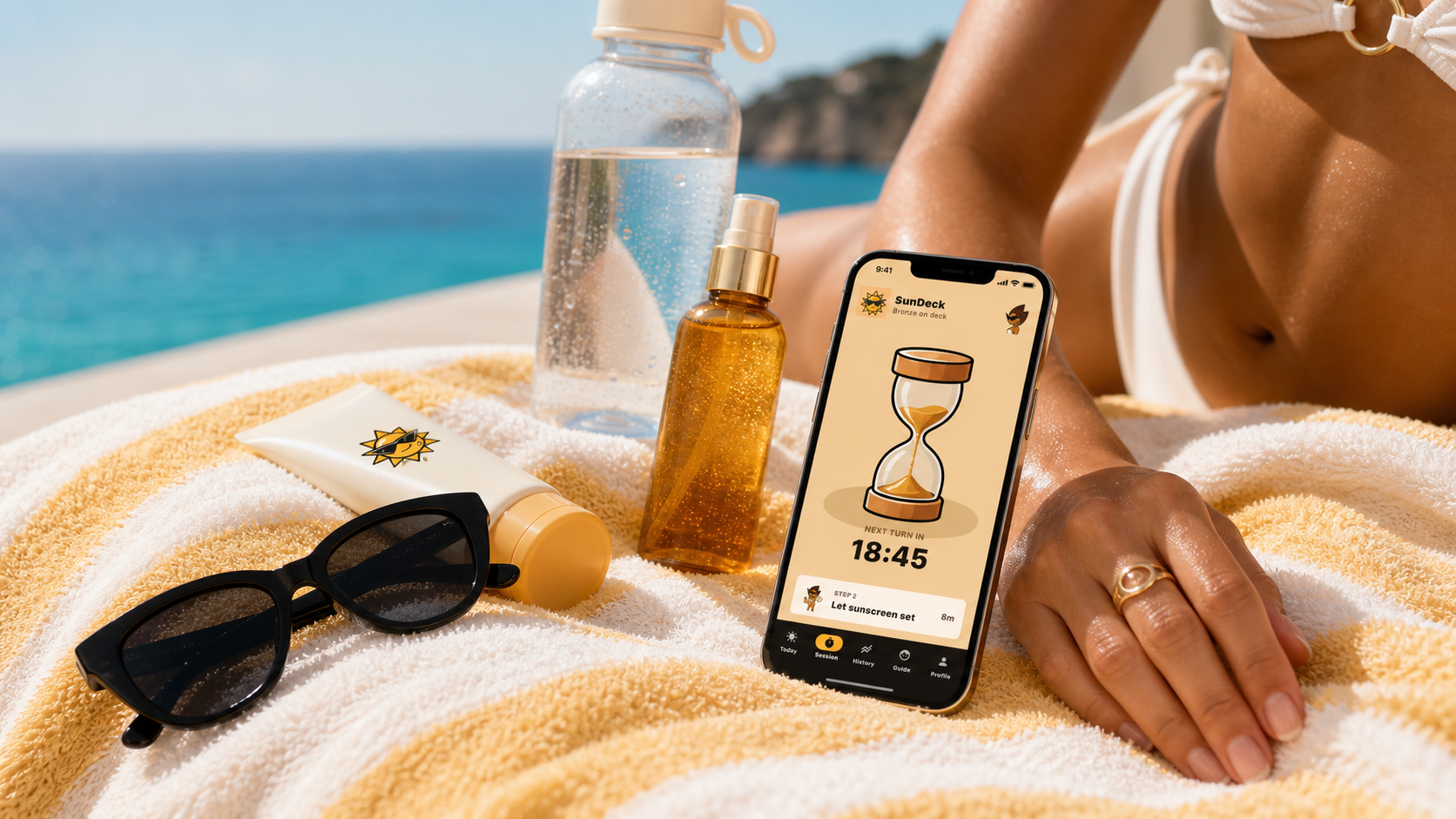 SunDeck app timer beside sunscreen, water, sunglasses, and a beach towel